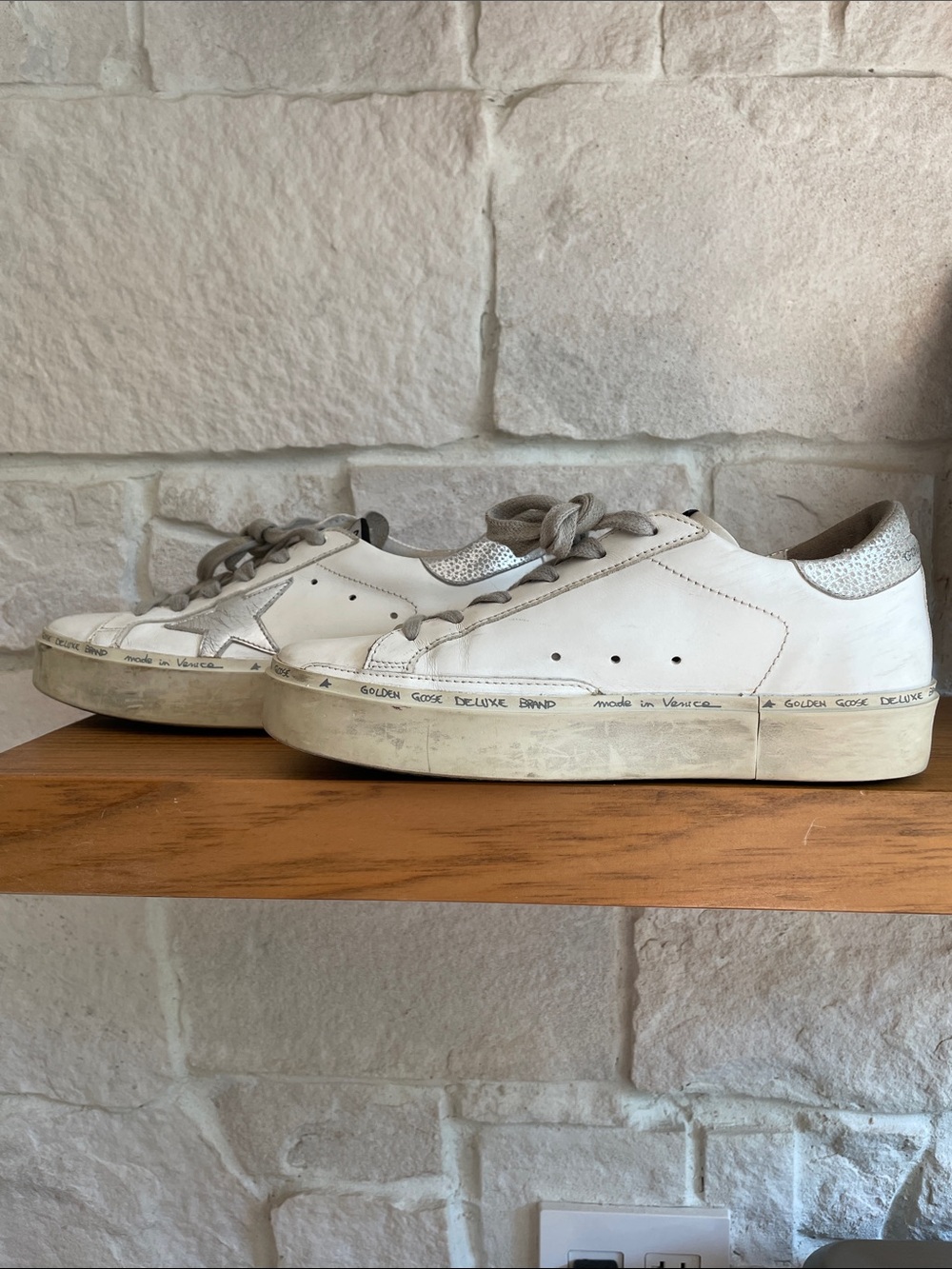 Golden Goose Hi Star Sneaker- White w/Silver Star, Metallic Silver Heel. EU36